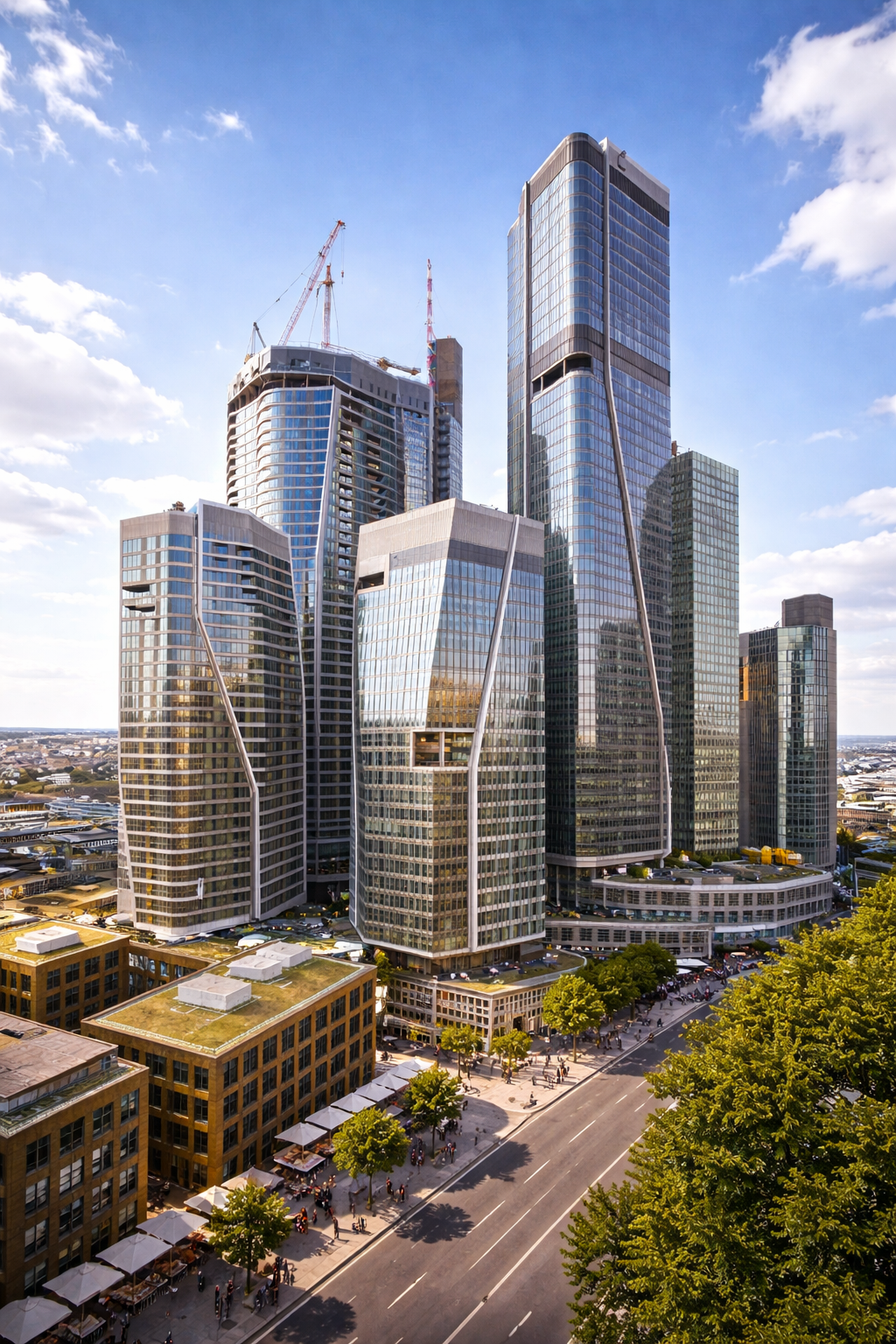 Moderne Hochhäuser mit Photovoltaik und Dachbegrünung – Großprojekt FuB Frankfurt
